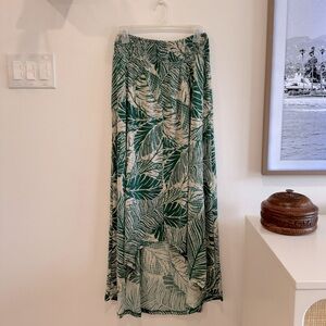 High Low Maxi Skirt Green Cream Palm Leaves Elastic Waist Women’s Size Medium